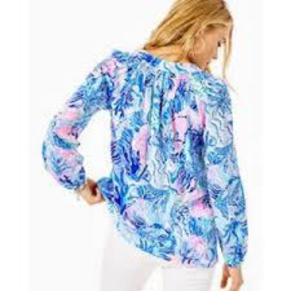 Lilly Pulitzer Elsa Silk Blouse in Saltwater Blue Shade Seekers size Large NWT